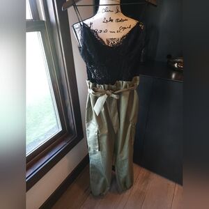 Black Lace Top with Olive Green Tie-Waist Pants